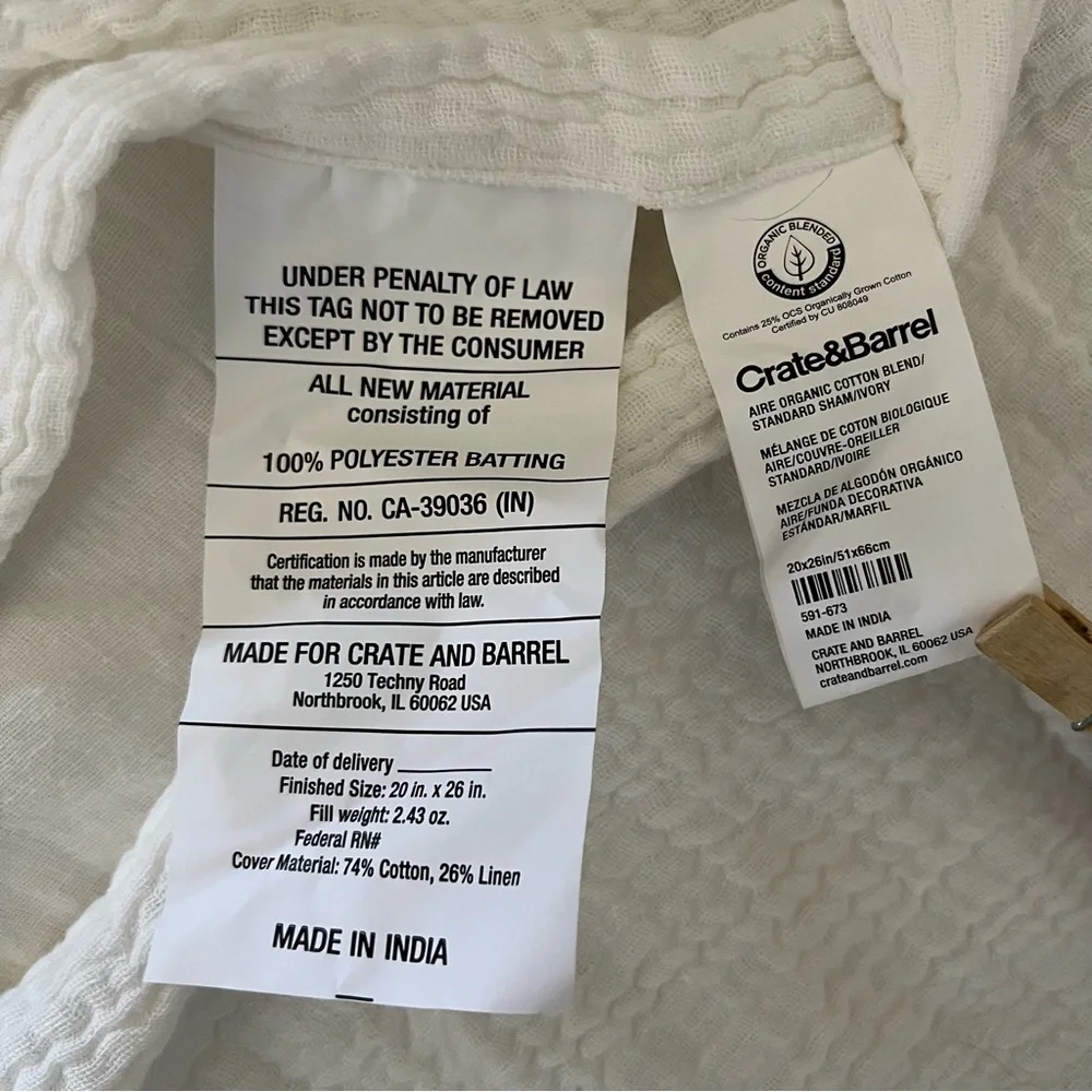 Crate and Barrel Aire Crinkle Gauze Organic Cotton Linen Blend Standard Sham
